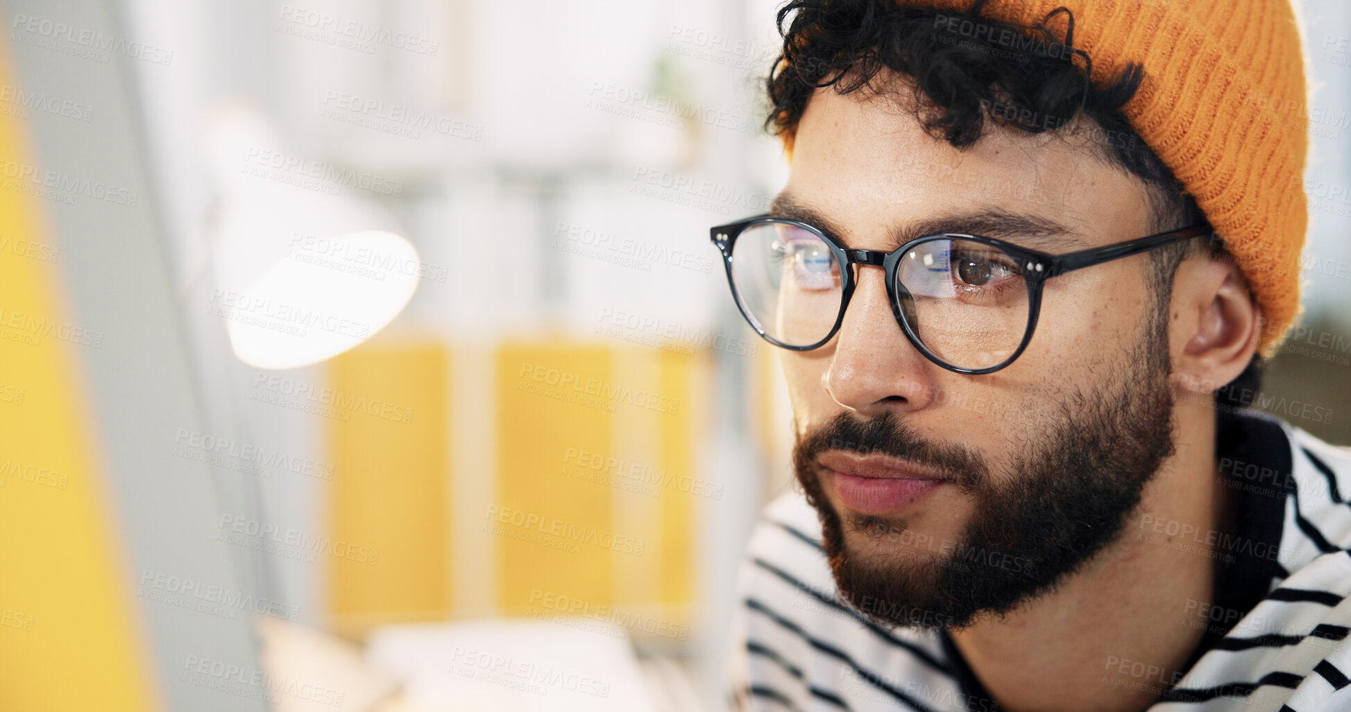 Buy stock photo Glasses, computer and reading with business man in office for graphic designer, digital media project and research. Website branding, content review and report with person in startup for publication
