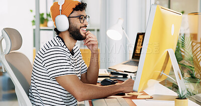 Buy stock photo Creative, web designer and man on computer in office for software, website update or user interface. Happy, professional and person on pc listen to music for online project, graph design and internet