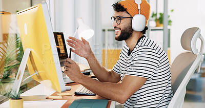 Buy stock photo Computer, headphones and happy businessman on video call for communication with social media analyst. Webinar, virtual meeting and creative worker talking for engagement results in startup office