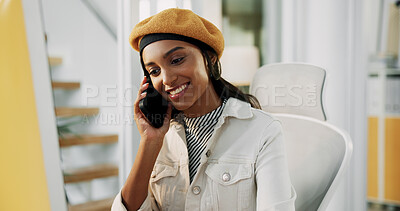 Buy stock photo Business, phone call and woman with smile, creative and conversation with research for article. Happy person, app and fashion journalist in workplace, cellphone and communication for news report