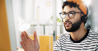 Buy stock photo Computer, agent and man with headset, communication and research for order on website or call center. Customer service, representative and person with tech for info, online and consultation for sales