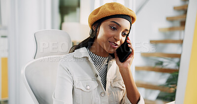 Buy stock photo Business, phone call and woman in office, creative and conversation with planning for article. Person, employee and fashion journalist in workplace, cellphone and communication for news report or app