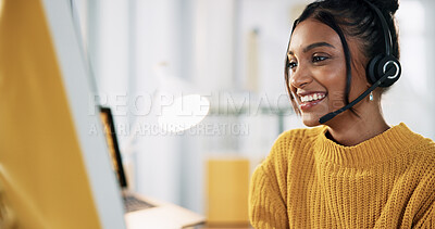 Buy stock photo Call center, agent and woman with headset, listening and communication with microphone, online and happy. Office, customer service and person with tech for order, talking or representative with smile