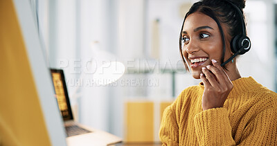 Buy stock photo Happy, agent and woman with headset, call center and communication with microphone and customer service. Business, representative and person with advice for contact, talking or consultation for help