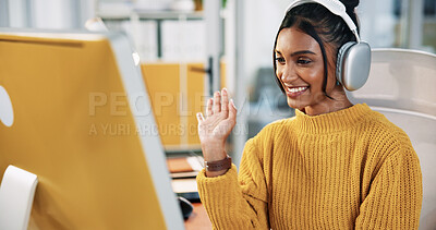 Buy stock photo Computer, waving and happy businesswoman on video call for communication, hello or welcome. Greeting, headphones and creative worker in webinar with hand gesture for virtual meeting in startup office