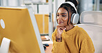 Woman, headphones and audio in office with computer, technology and podcast streaming. Happy, creative or art director with music for relax, research and online radio or seminar for female person