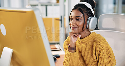 Buy stock photo Woman, headphones and audio in office with computer, technology and podcast streaming. Happy, creative or art director with music for relax, research and online radio or seminar for female person