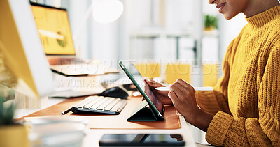 Buy stock photo Office, hands and businesswoman with tablet for web designer, software update and UX information. Closeup, female person and creative manager with technology for SEO tools, writing pen and research