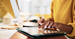 Hands, tablet and computer for research, copywriting or editing newsletter at office desk. Person, writer or editor with desktop keyboard for creative website, social media or email for news business