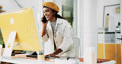 Buy stock photo Happy, woman and phone call with computer in office for discussion, confirm schedule and reporter chat. Journalist, conversation and PC with story feedback, client contact and publication information