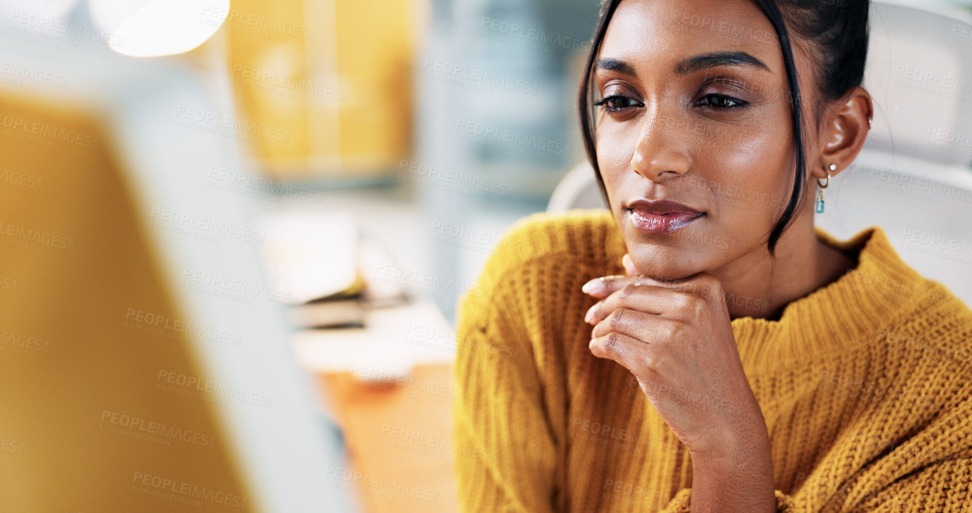 Buy stock photo Reading, computer and thinking with business woman in office for creative newsletter, publication or vision. Email marketing, reflection and copywriting editor with person in startup agency for idea