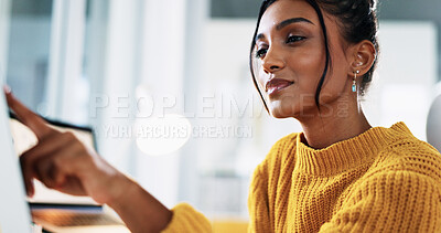 Buy stock photo Blog, computer and pointing with business woman in office for creative newsletter, publication or planning. Email marketing, subscription campaign and copywriting editor with person in startup agency