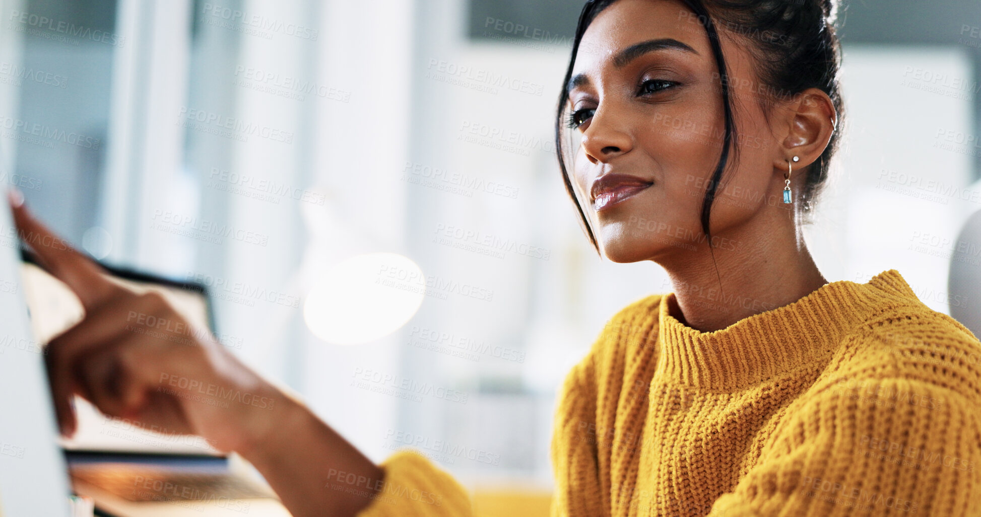 Buy stock photo Blog, computer and pointing with business woman in office for creative newsletter, publication or planning. Email marketing, subscription campaign and copywriting editor with person in startup agency