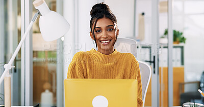 Buy stock photo Office, businesswoman and portrait with laptop for creative agency, article information and about us. Happiness, female person and content writer with tech for copywriting, blog post and confidence