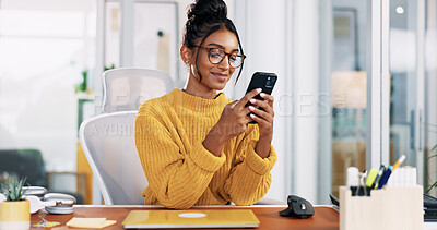 Buy stock photo Office, Indian woman and reading with smartphone for typing, blog post and online communication. Smile, business person and journalist on break with mobile, news application and chat on social media