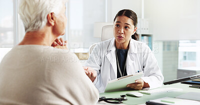 Buy stock photo Senior woman, doctor and consultation with clipboard for healthcare report, symptoms or checkup. Medical professional, appointment and talk to patient for help with insurance application in hospital