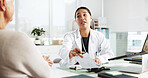 Elderly woman, doctor and consultation for prescription instruction, referral letter and healthcare report. Medical professional, appointment and talk to patient with paper for diagnosis in hospital