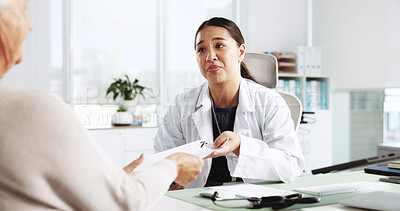Buy stock photo Senior patient, doctor and prescription note with pharma letter or health report. Medical professional, consulting and old woman with dosage instruction, medicine script or treatment plan in clinic