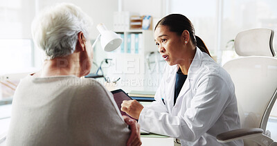 Buy stock photo Tablet, doctor and conversation with patient for healthcare report, test results or help. Medical professional, tech and consultation with senior woman for checkup, questions or symptoms in hospital