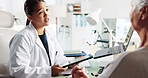 Senior patient, doctor and consultation with tablet for healthcare report, test results and help. Medical professional, technology and conversation with elderly woman for wellness checkup in hospital