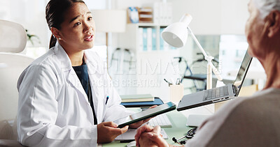Buy stock photo Senior patient, doctor and consultation with tablet for healthcare report, test results and help. Medical professional, technology and conversation with elderly woman for wellness checkup in hospital