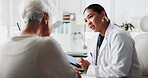 Tablet, doctor and talking to patient for healthcare report, test results and help. Medical professional, tech and consultation with elderly woman for checkup or questions for symptoms in hospital