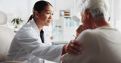 Buy stock photo Support, doctor and sad with old woman in office for consulting, empathy or cancer diagnosis. Healthcare results, advice and medical help with people in clinic for sympathy on tumor growth and news