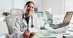 Portrait, happy woman and doctor in clinic, smile and laptop with confidence, career ambition and expert. Face, person or medical with professional, healthcare or stethoscope with specialist or pride