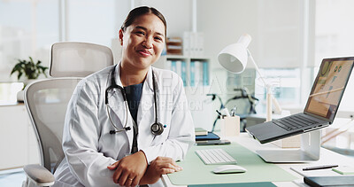 Buy stock photo Portrait, happy woman and doctor in clinic, smile and laptop with confidence, career ambition and expert. Face, person or medical with professional, healthcare or stethoscope with specialist or pride