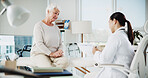 Writing, doctor and consulting with old woman in office for patient records, insurance and feedback. Healthcare results, support and medical help with people in clinic for advice and elderly care