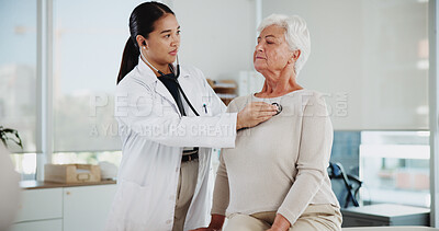 Buy stock photo Senior woman, doctor and stethoscope at clinic, listening and cardiology with medical services. People, elderly patient and tools with healthcare, breathing test and lungs with assessment at hospital