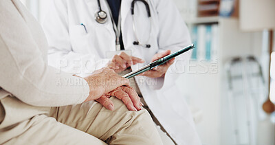 Buy stock photo Tablet, consulting and hands of old woman and doctor for advice, discussion or cancer diagnosis. Healthcare results, digital report and medical with closeup of people in clinic for feedback on tumor