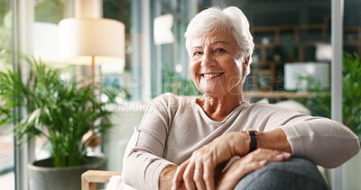 Buy stock photo Senior, woman and happy with portrait in home for peaceful retirement, resting or mortgage security. Elderly person, relax or smile in living room for comfortable break, insurance or wellness on sofa