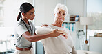 Physiotherapy, shoulder pain and mature patient  stretching for medical service, support and wellness. Healthcare, chiropractor and physical therapist with woman for consulting, mobility and help