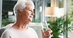Home, drinking water or old woman with wellness, thinking or hydration with health in retirement. Nutrition, pensioner or senior person with memory, liquid or aqua with nostalgia, solution or thirsty