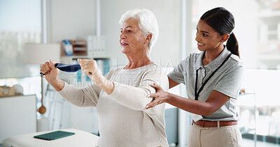 Buy stock photo Physiotherapy, stretching and woman with mature patient for medical service, support and wellness. Healthcare, chiropractor and physical therapist with person for consulting, rehabilitation and help