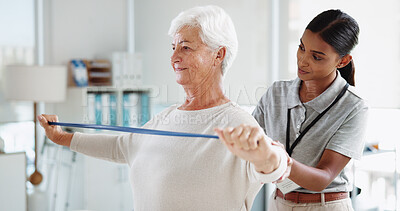 Buy stock photo Senior woman, physiotherapist and resistance band with stretching, smile and healthcare services for recovery. People, happy and exercise with equipment, help and injury for rehabilitation at clinic