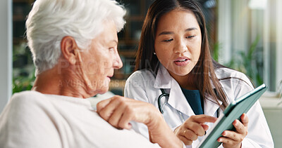 Buy stock photo Woman, doctor and senior patient with tablet for diagnosis, results or prescription at hospital. Female person, medical worker or elderly client with technology for telehealth, app or clinic checkup