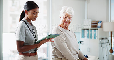 Buy stock photo Physical therapy, tablet and woman with senior patient with medical results, consulting and mobility. Physiotherapy, online and person on digital tech for diagnosis, treatment or rehabilitation