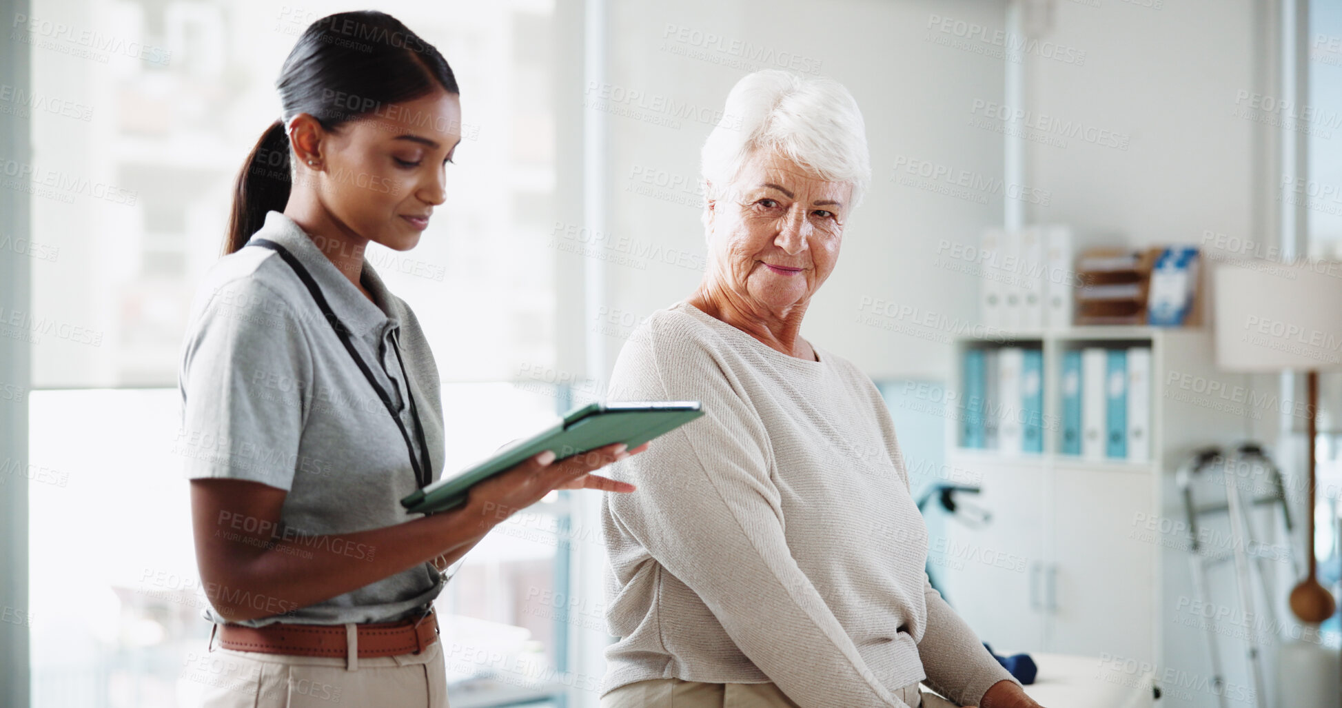 Buy stock photo Physical therapy, tablet and woman with senior patient with medical results, consulting and mobility. Physiotherapy, online and person on digital tech for diagnosis, treatment or rehabilitation