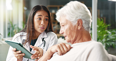 Buy stock photo Old woman, doctor and shock with tablet, sad and test results with healthcare, conversation and talking. Pensioner, elderly patient and medical with professional, tech and consultation with diagnosis