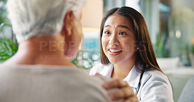 Buy stock photo Happy woman, doctor and talking with senior patient for medical diagnosis, results or healthcare service. Female person, health worker or elderly care with smile for good news or checkup at clinic