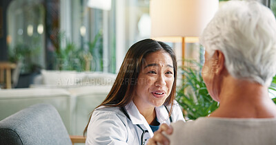 Buy stock photo Women, doctor and support for senior patient, checkup and empathy with healthcare, consulting and smile. Clinic, medical professional and care for elderly person with good news, talking and diagnosis