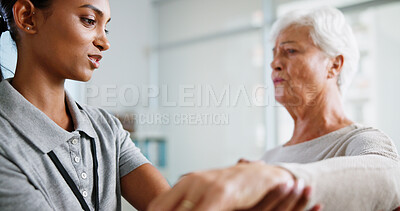 Buy stock photo Physical therapy, wrist pain and woman with mature patient for medical service, support and wellness. Healthcare, chiropractor and physiotherapist with person for consulting, mobility or stretching