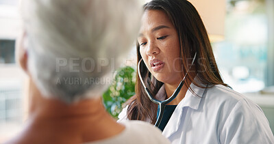 Buy stock photo Senior patient, doctor and stethoscope with heart beat in consultation for medical checkup, chest exam and lung test. Healthcare, cardiology and woman with tool to monitor BPM at hospital appointment