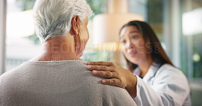 Buy stock photo Empathy, doctor and senior patient in hospital, checkup and support with healthcare, consulting and ill. Clinic, medical professional and care for elderly person with dementia, sickness and diagnosis