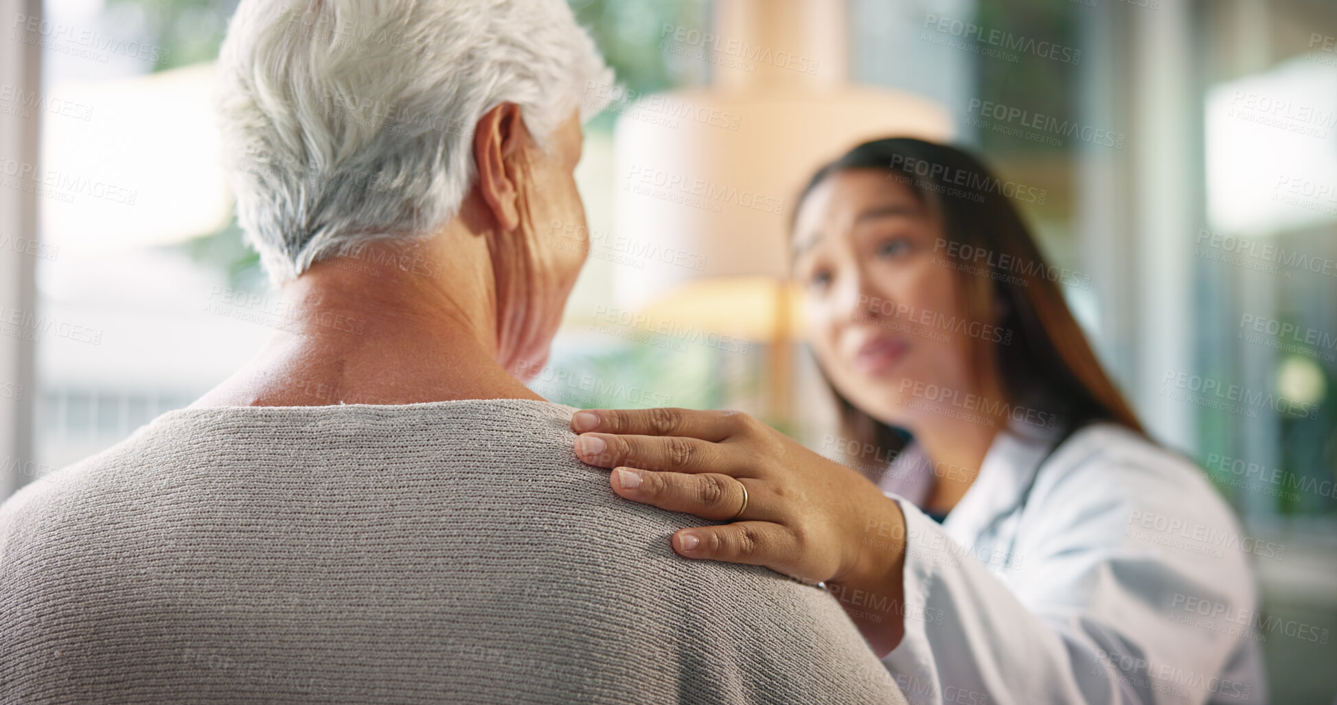 Buy stock photo Empathy, doctor and senior patient in hospital, checkup and support with healthcare, consulting and ill. Clinic, medical professional and care for elderly person with dementia, sickness and diagnosis