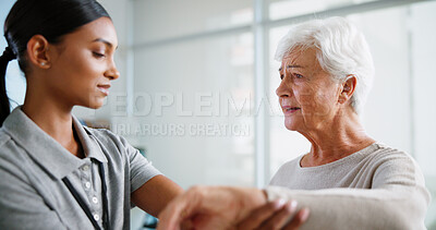 Buy stock photo Physiotherapy, wrist pain and woman with senior patient for medical service, support and wellness. Healthcare, chiropractor and physical therapist with person for consulting, rehabilitation and help