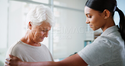 Buy stock photo Physiotherapy, consulting and woman with mature patient for medical service, support and wellness. Healthcare, chiropractor and physical therapist with person for recovery, mobility and arthritis