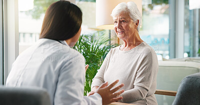 Buy stock photo Clinic, women and doctor with senior person, consultation and explanation of diagnosis, chat and office. Healthcare, medical professional and discussion with elderly patient in hospital, help or care